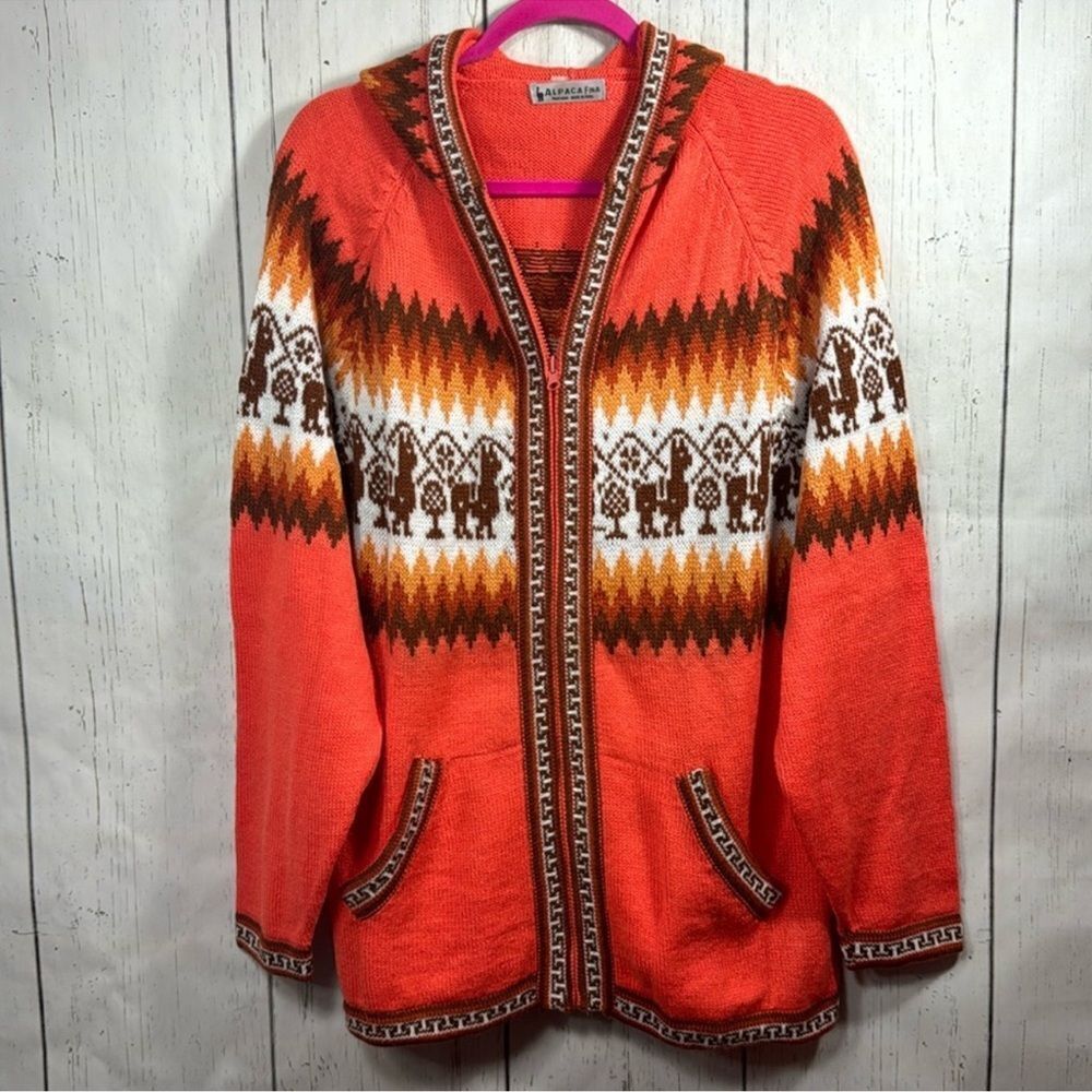 Alpaca Fina Wool Sweater Cardigan Cabin Ski Cozi Zip Hooded Pockets Orange Brown
